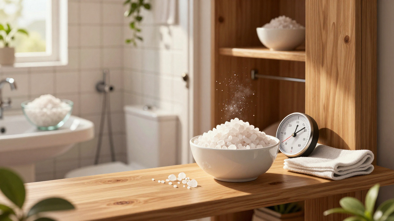 Bowl of bath salts on wooden shelf with timer and towel in bright white tiled bathroom.