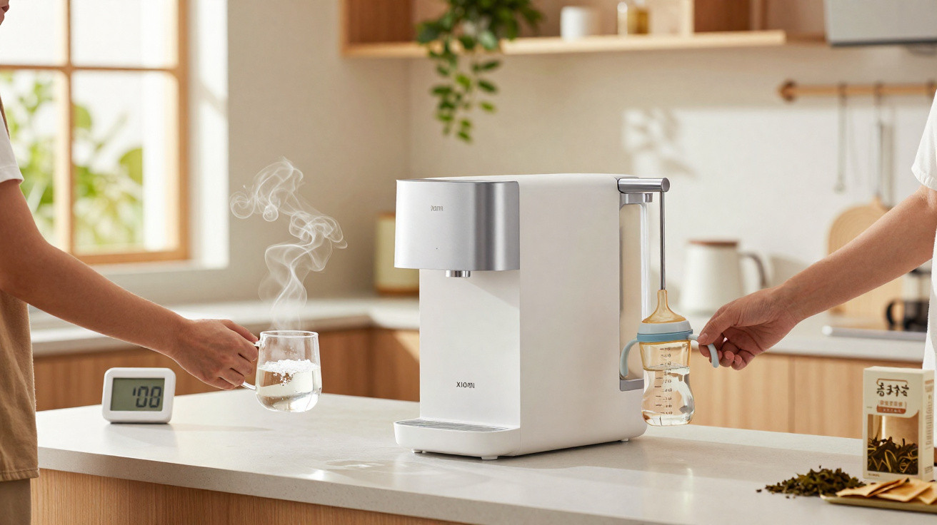 Modern white water dispenser pouring hot water into a cup and baby bottle in a kitchen.