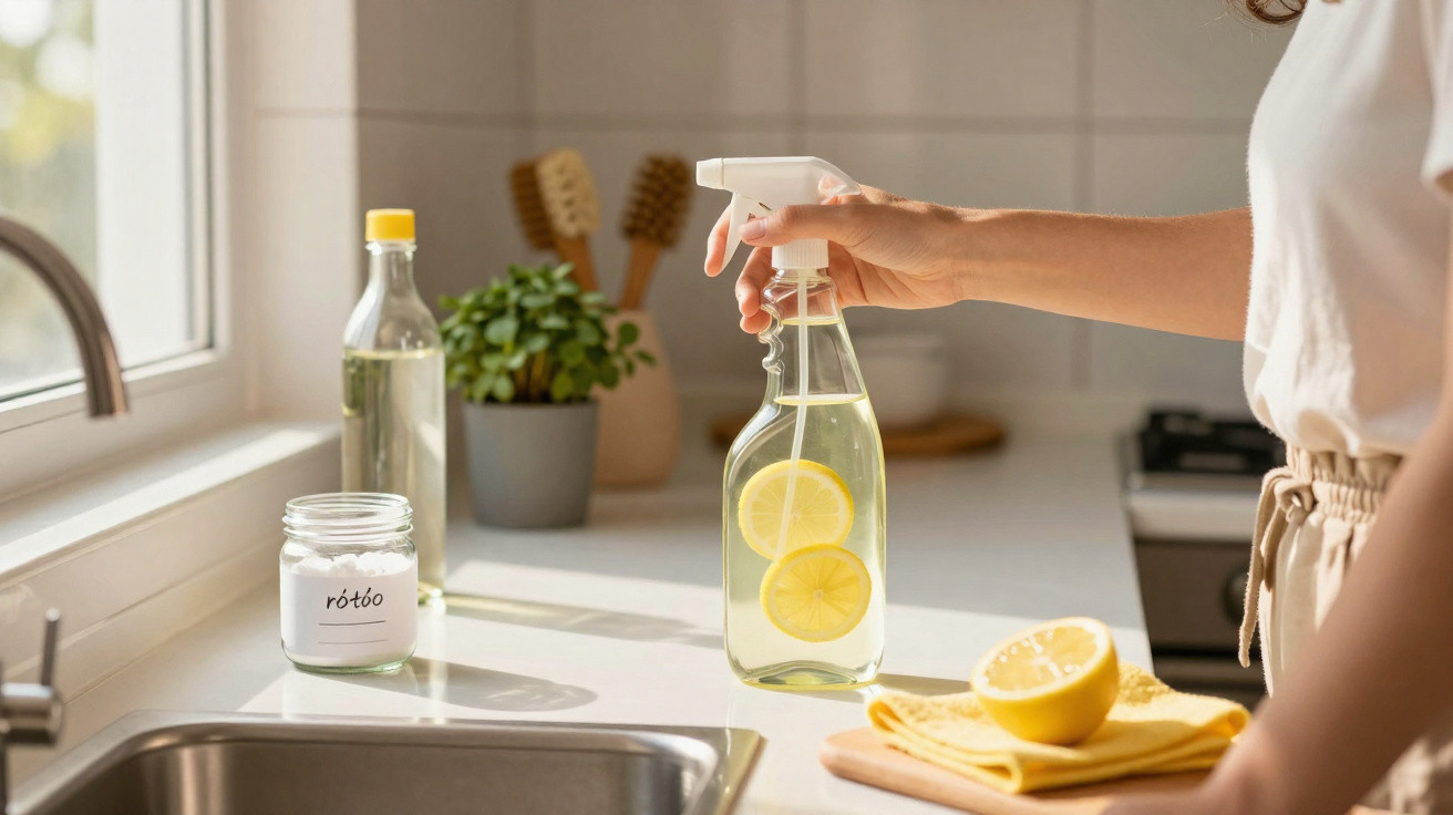 Hand holding a spray bottle with lemon slices in a bright kitchen near a sink and cleaning supplies.