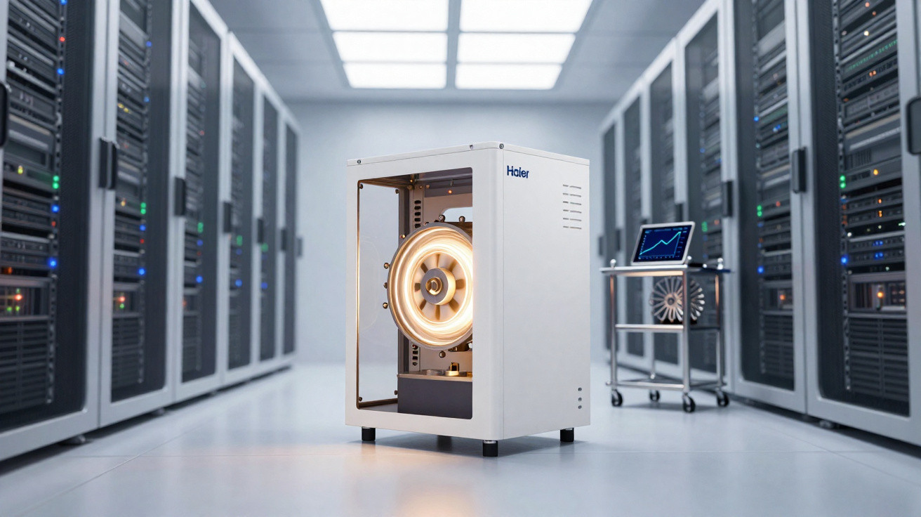 Modern server room with a Haier cooling unit and a trolley holding a laptop and cooling fan component.