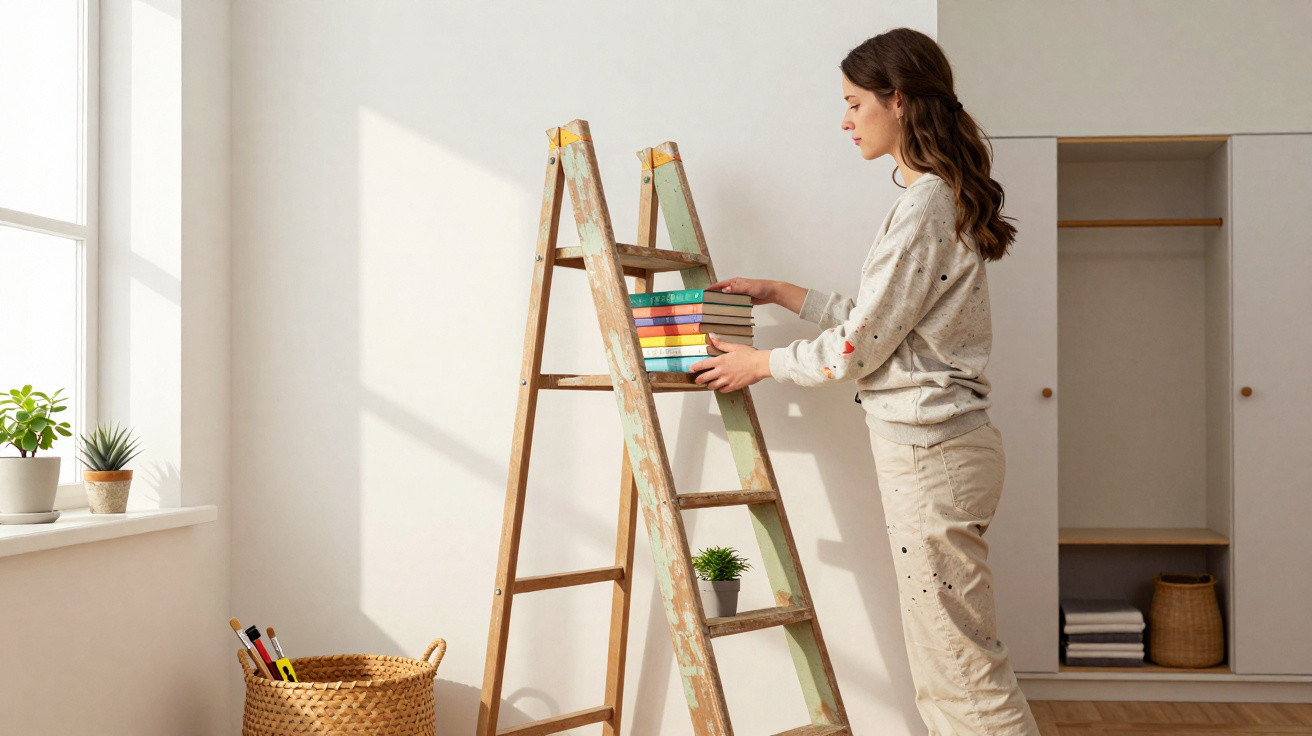 Young woman organising books on a wooden ladder in a bright, minimally decorated room with plants and storage.