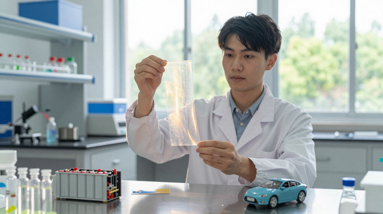 Scientist in a lab coat examining a transparent flexible material sheet with a model car on the table.