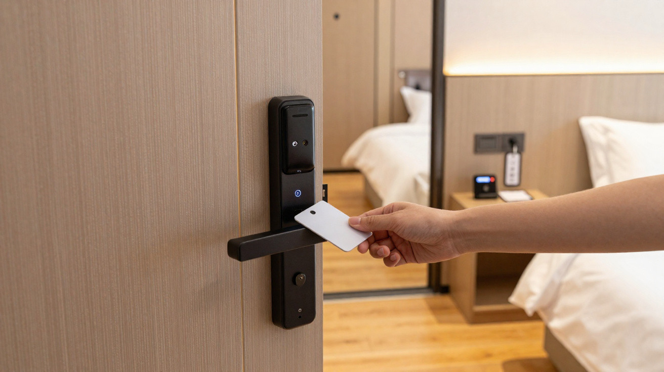 A hand holding a white key card up to a black electronic door lock on a hotel room door.