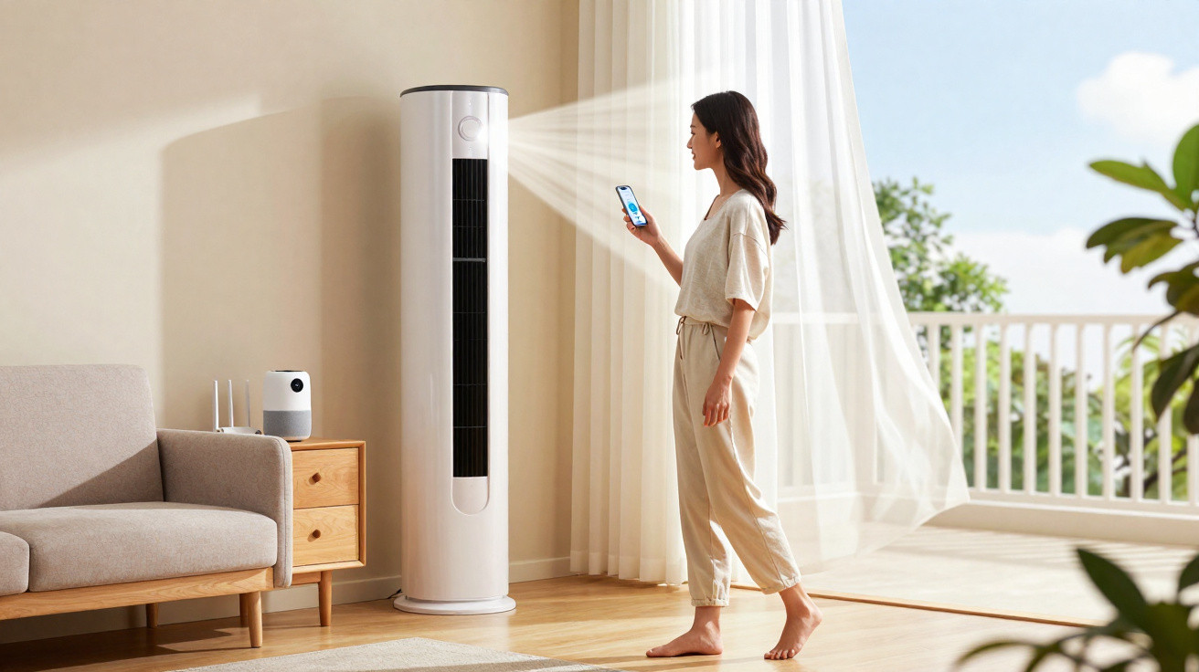 Woman controls a tall white tower fan with a smartphone in a bright room with a sofa and large window.