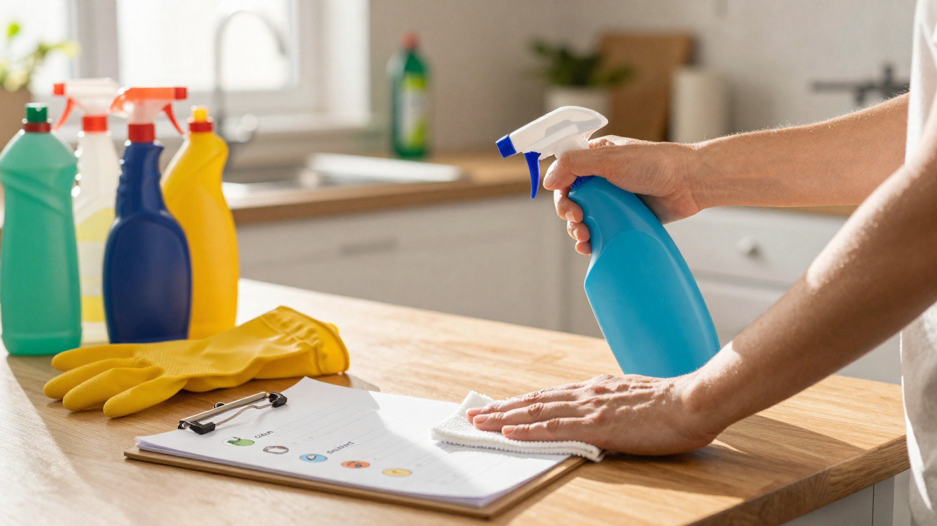 Person cleaning a wooden kitchen table with a blue spray bottle and cloth, surrounded by cleaning products and gloves.