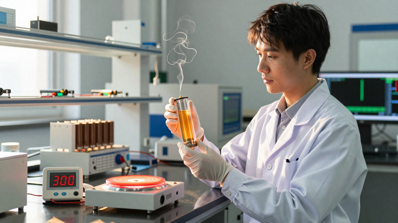 Scientist in lab coat examining steaming liquid in glass container with lab equipment in background
