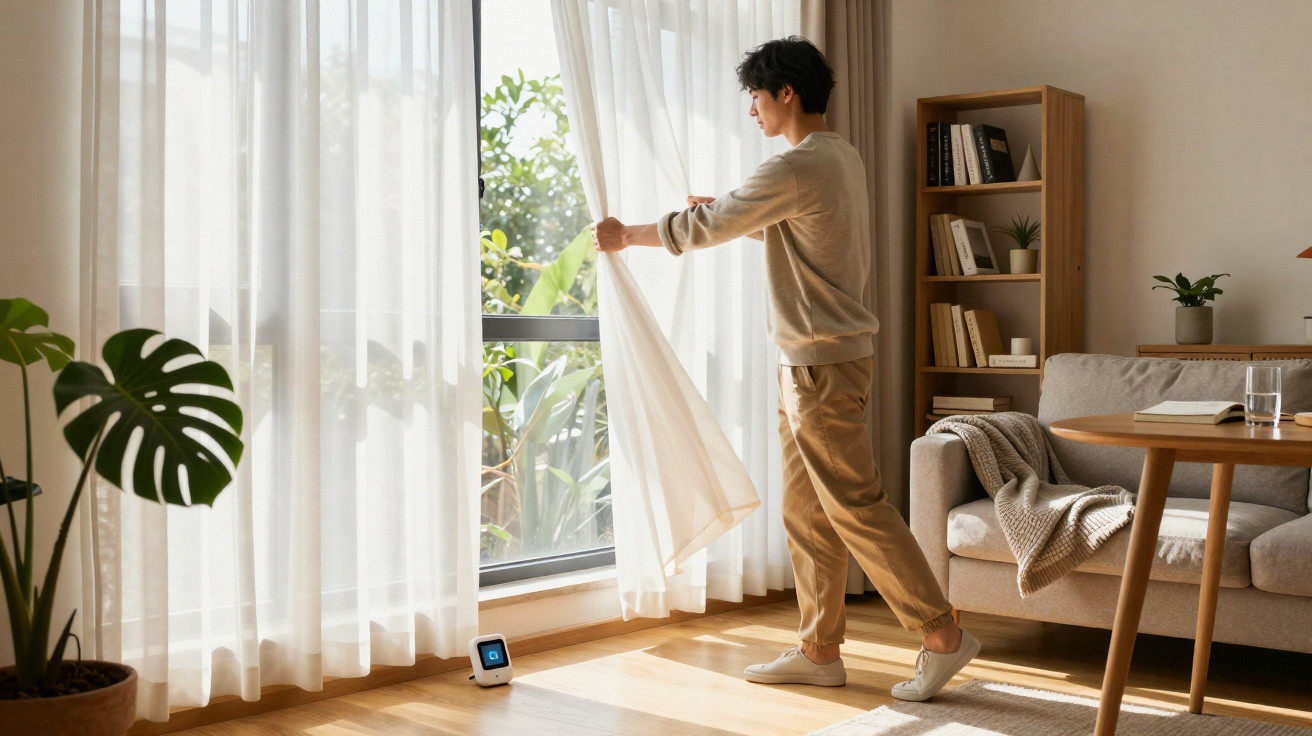 Person opening sheer curtains in a bright, neatly decorated living room with wooden flooring.