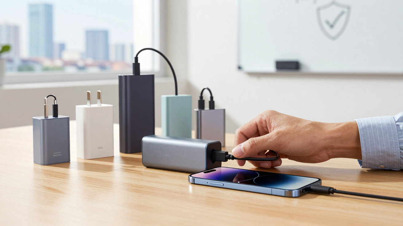 Various power banks connected on a desk with a hand plugging a cable into a smartphone.