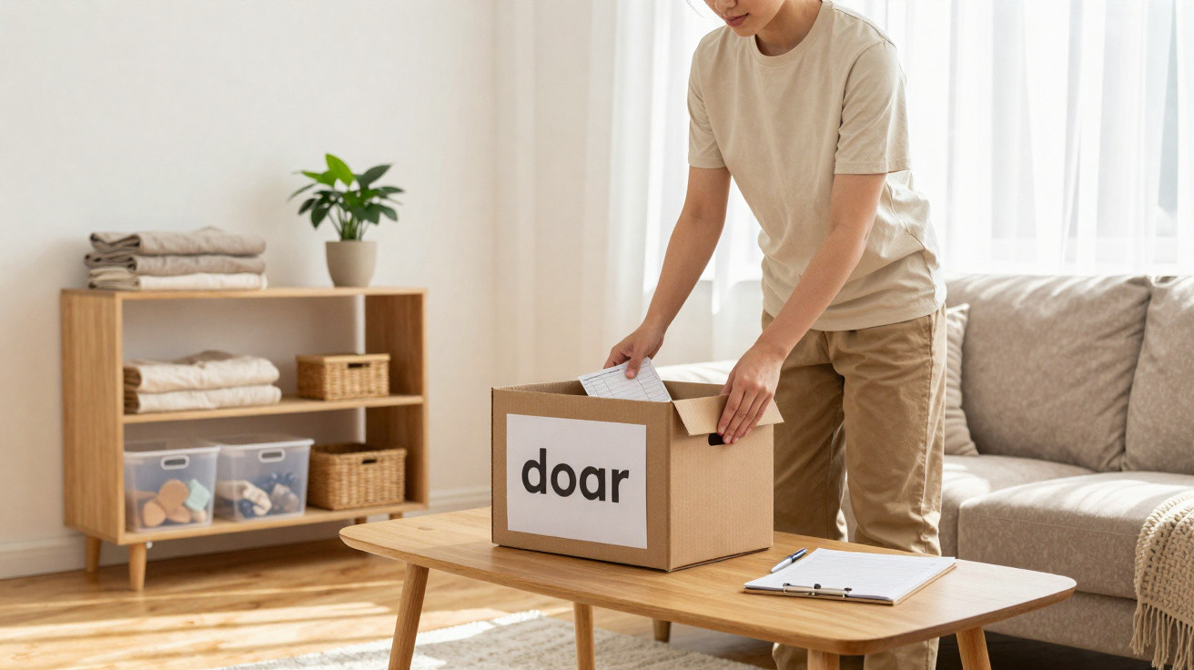 Person packing a cardboard box labelled "doar" on a wooden table in a bright living room.