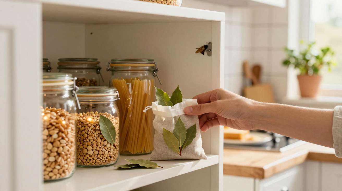 Hand placing a small cloth bag with bay leaves on a kitchen shelf with jars of pasta and beans nearby.