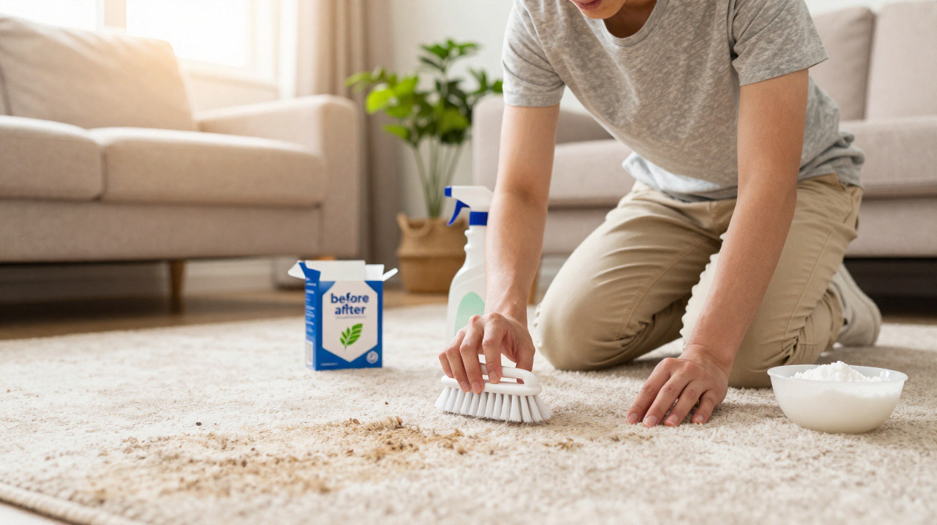 Person scrubbing a stained carpet with a brush, surrounded by cleaning products in a living room.