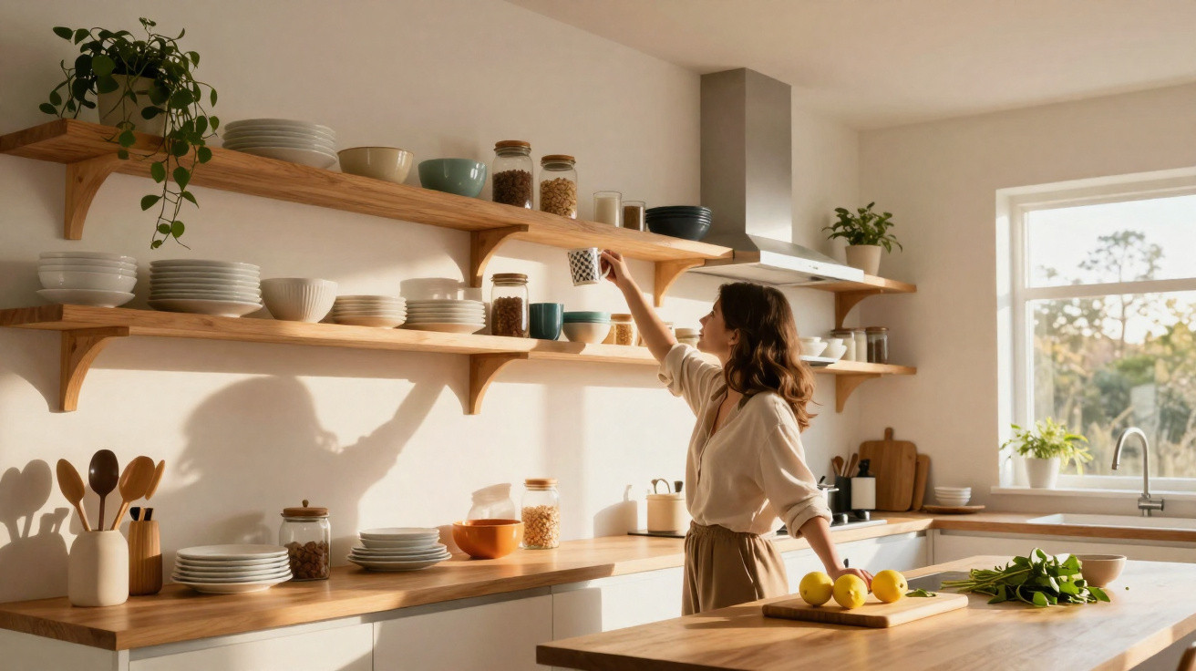 Woman reaching for a cup on wooden kitchen shelves in a bright, modern kitchen with plants and utensils.