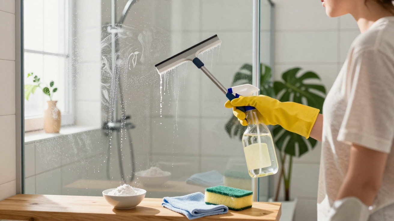 Person wearing yellow gloves cleaning a bathroom mirror with a spray bottle and squeegee.