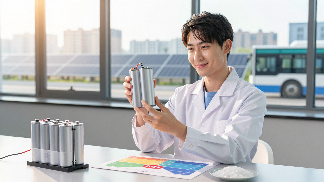 Scientist in white coat examining large battery cell with solar panels and bus visible outside window.