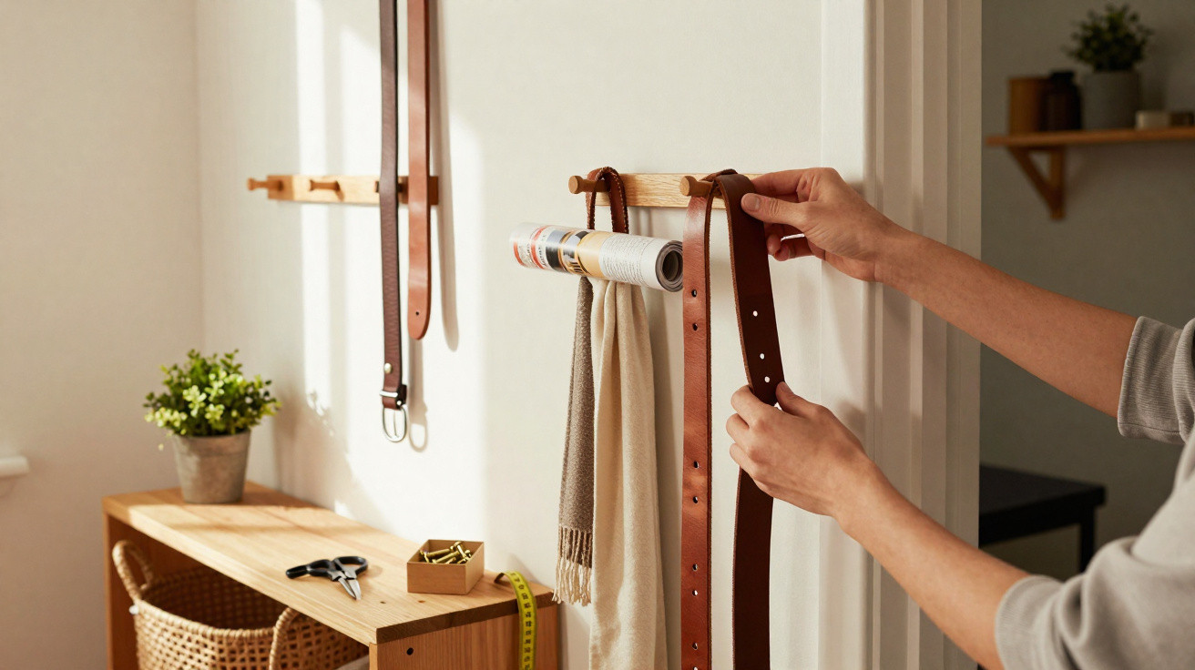 Person hanging a brown leather belt on a wooden wall rack holding scarves and a rolled magazine.