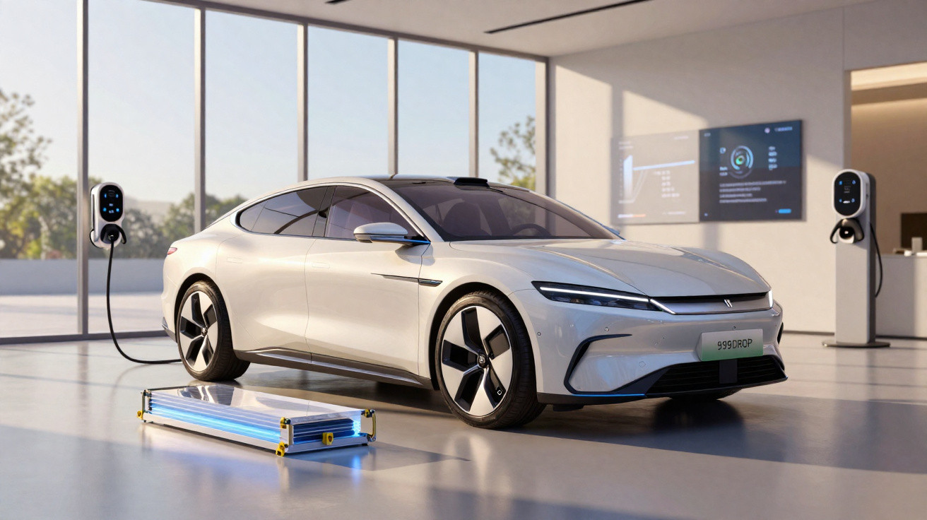 White electric car charging inside a modern showroom with large windows and digital displays on the wall.