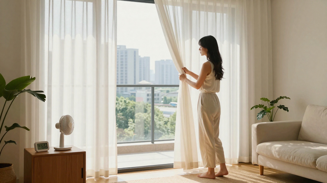 Woman in cream outfit opening sheer curtains in bright living room with plants and city view through balcony window.