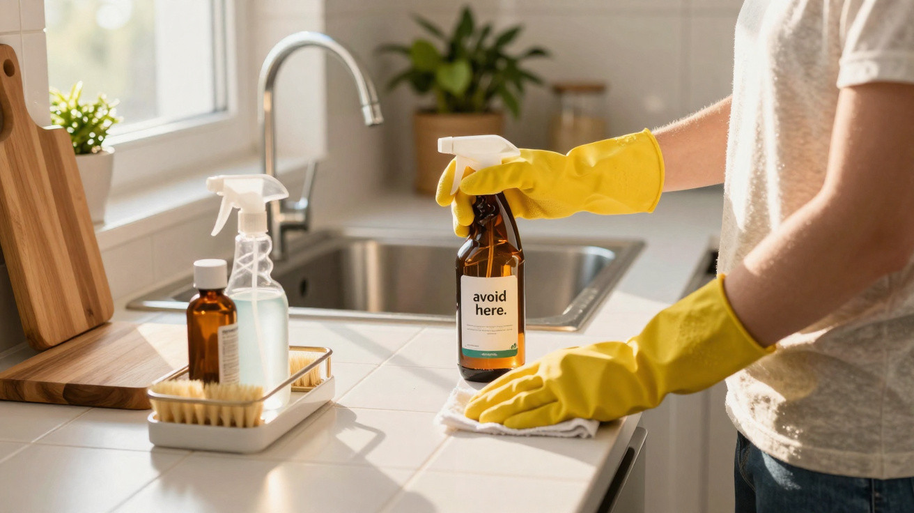 Person wearing yellow gloves cleaning a white kitchen countertop with a spray bottle and cloth near a sink.