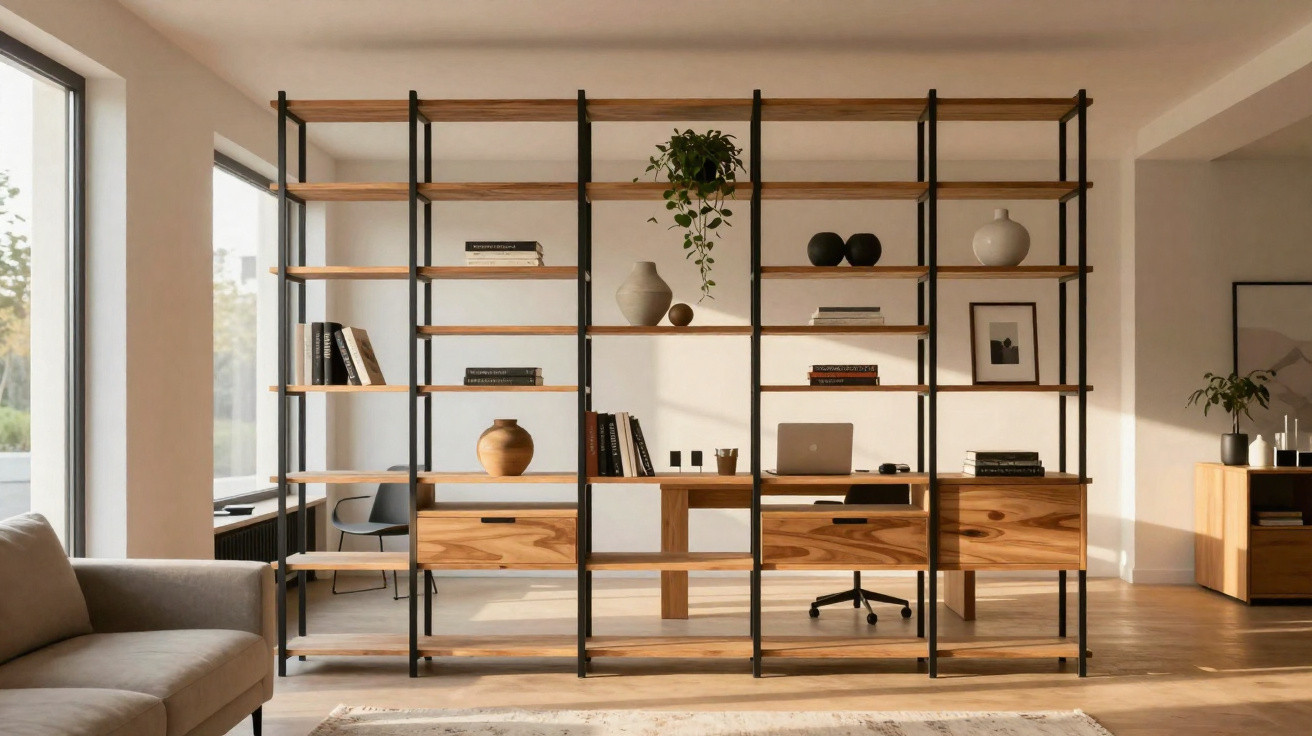 Open wooden shelving unit with decorative items separating living area and home office with desk and chair behind it.