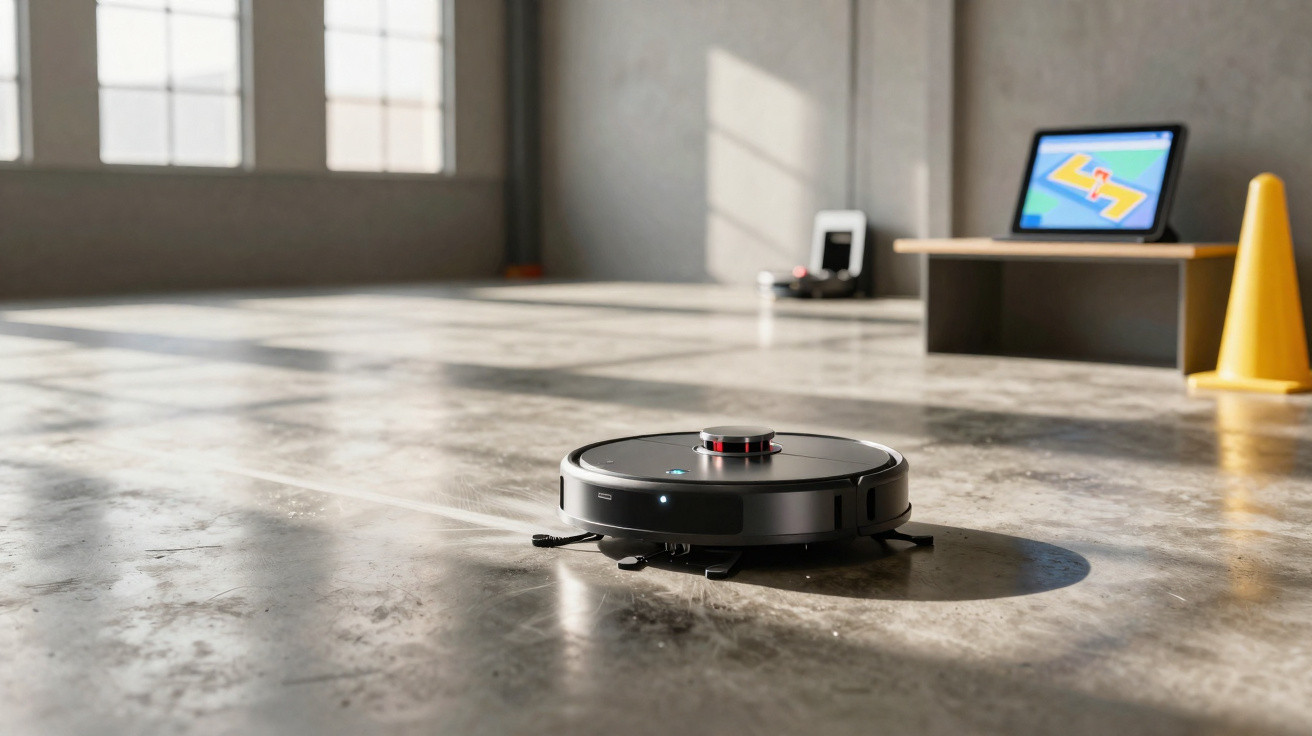 Robot vacuum cleaner operating on a polished concrete floor in a sunlit, modern room.