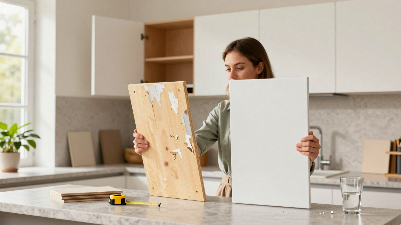 Woman holding a peeling wooden board and a blank white panel in a modern kitchen setting.