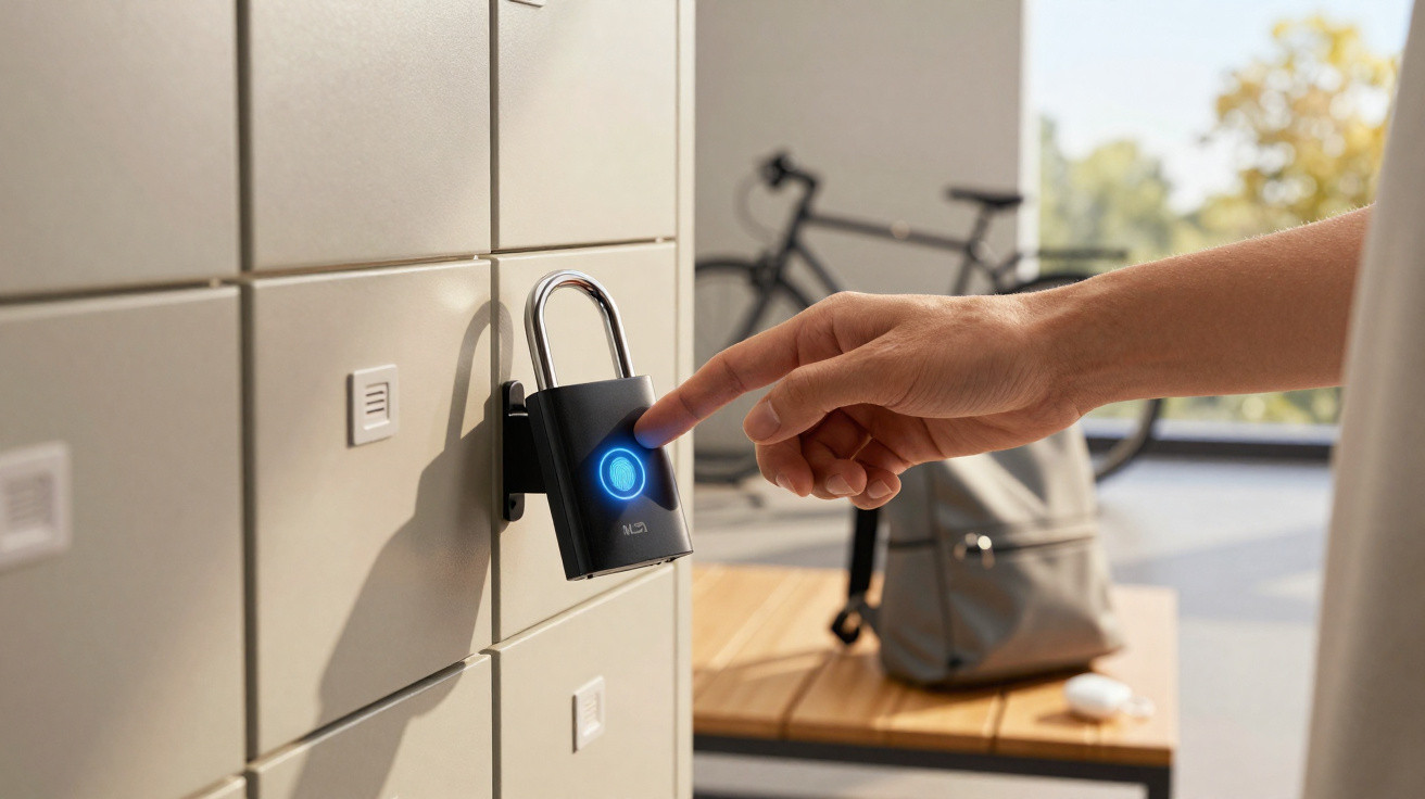 Hand pressing glowing fingerprint scanner on a smart padlock attached to locker in a modern indoor setting.