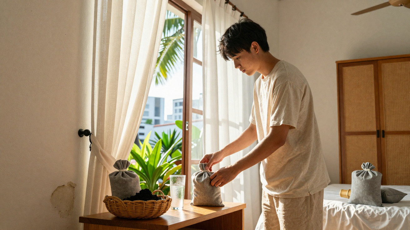 Young man arranging grey fabric bags on a wooden table in a sunlit bedroom with plants outside the window.