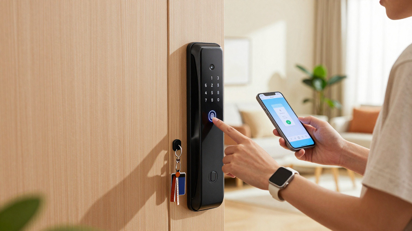 Person using smartphone app to unlock a modern black digital door lock on a wooden door.