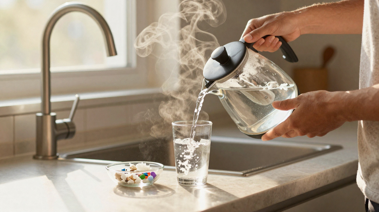 Person pouring steaming hot water from a kettle into a glass on a kitchen counter near a window.