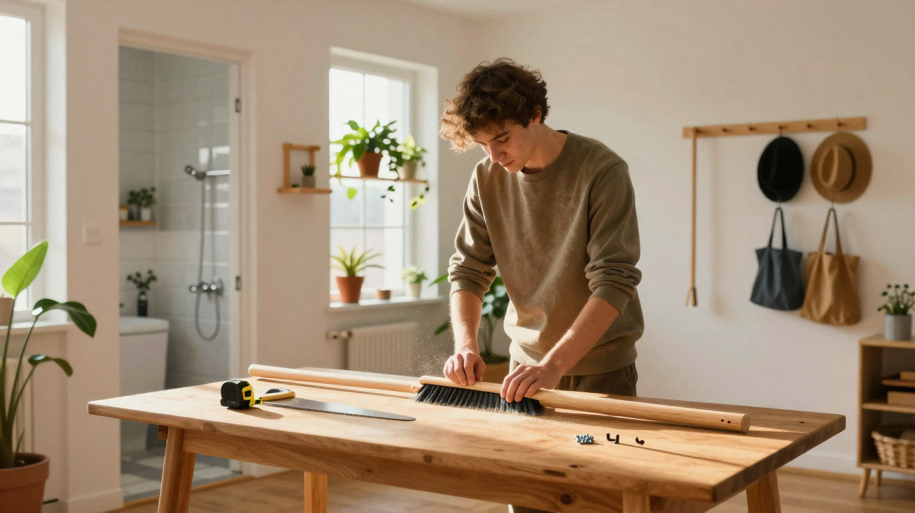 Young man assembling wooden broom handle on a table in a bright, plant-filled room with natural light.