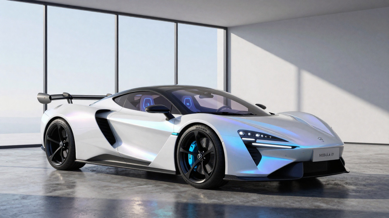 Silver McLaren Nebula 01 sports car parked in a sunlit modern garage with large windows and concrete floor.
