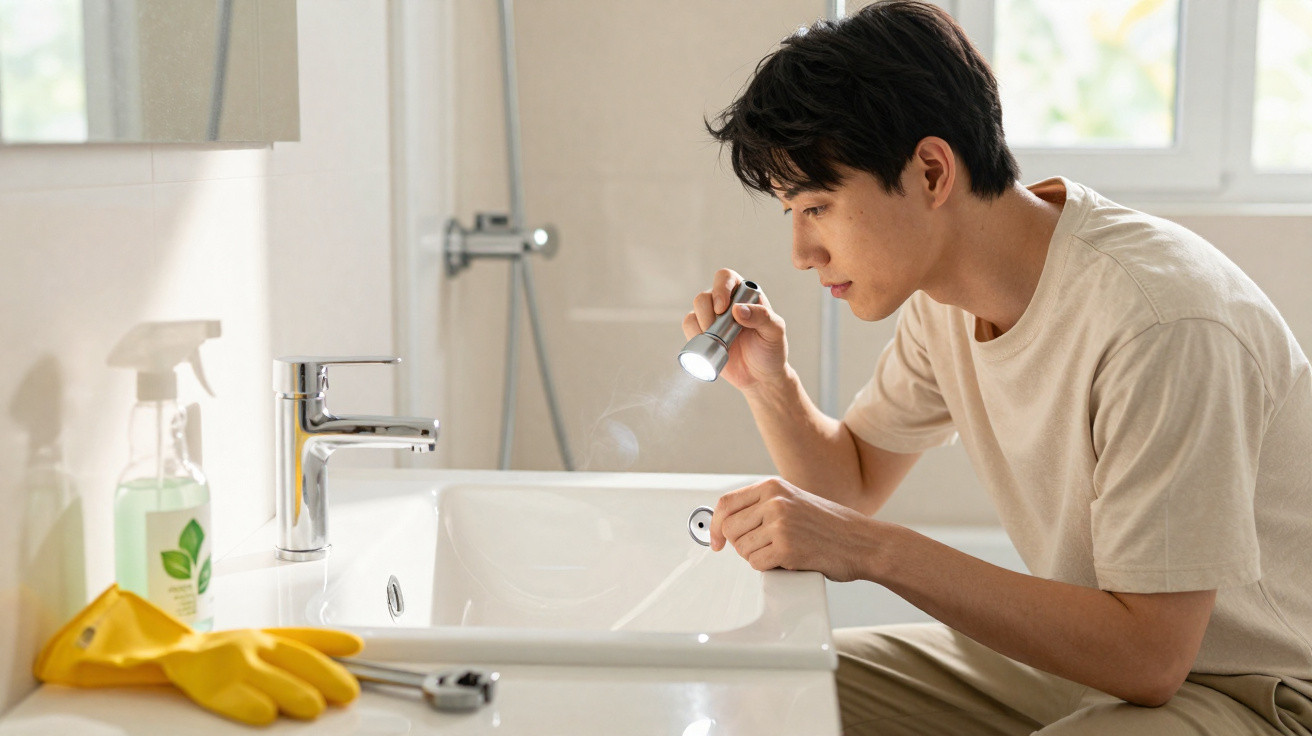 Man inspecting bathroom sink drain with a flashlight, surrounded by cleaning supplies and gloves on the counter.