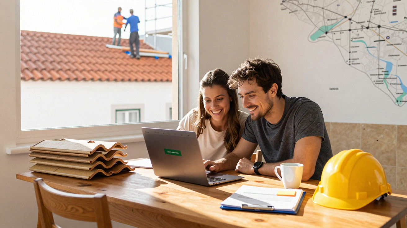 Couple reviewing construction plans on laptop at table with hard hat and roof tiles, workers on roof outside.