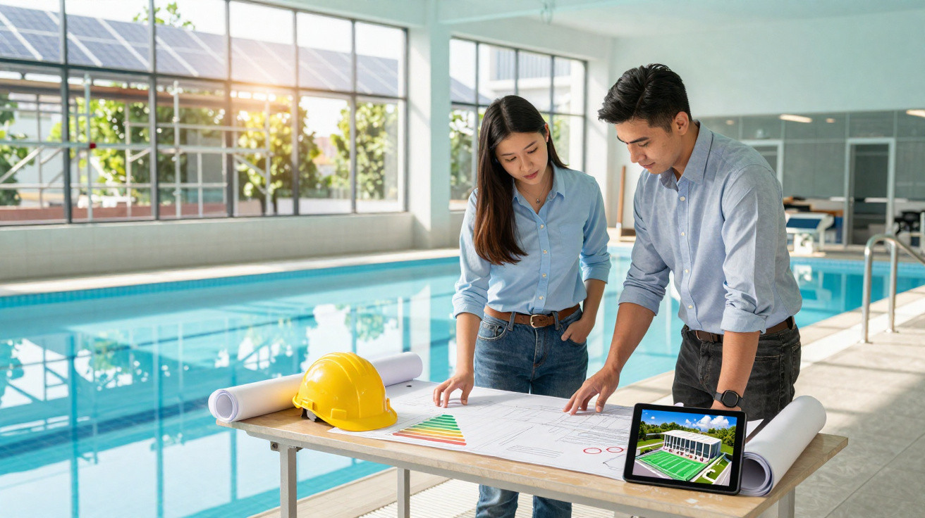 Two architects review plans by an indoor pool with a yellow hard hat and tablet on the table.