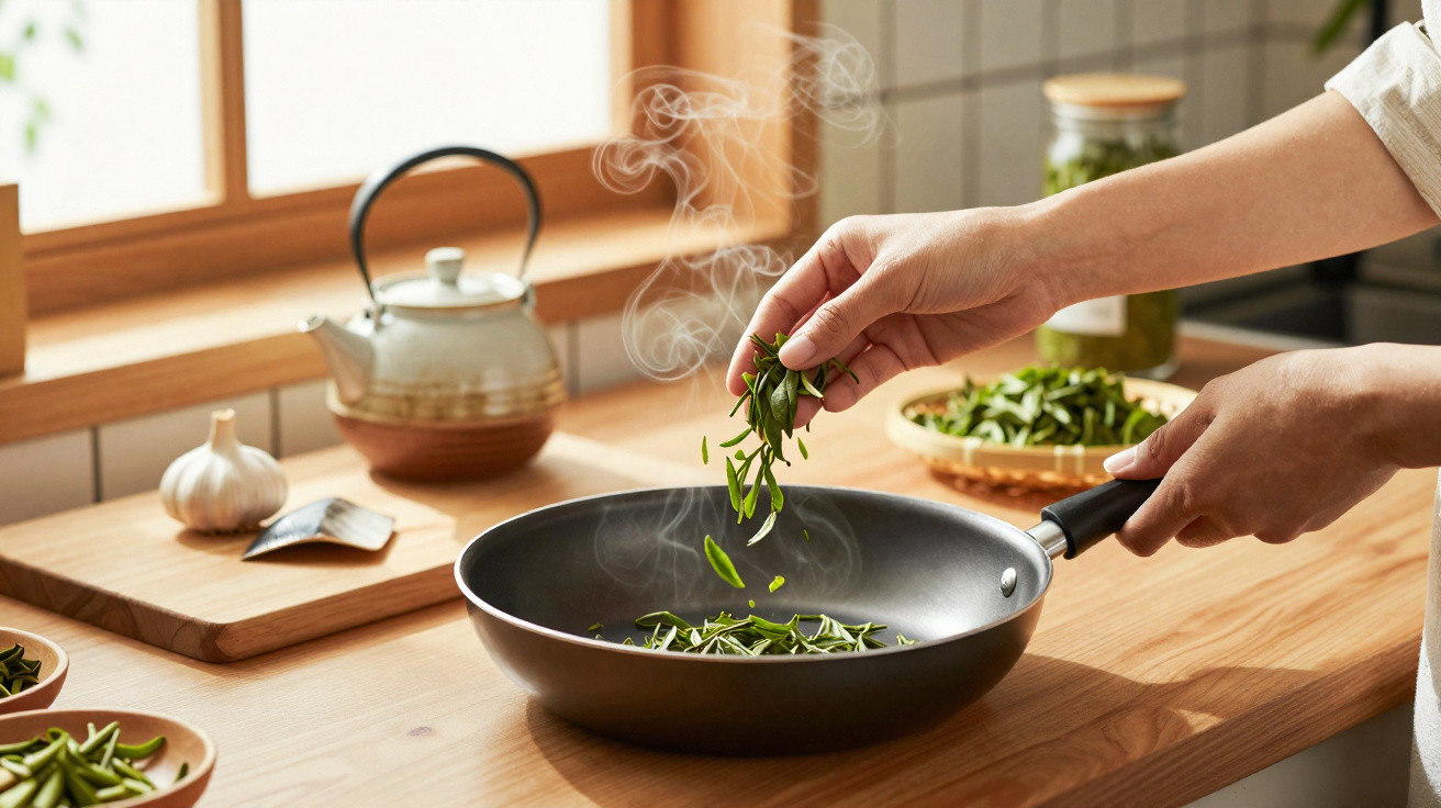 Hands adding fresh green herbs into a steaming black frying pan on a wooden kitchen countertop.