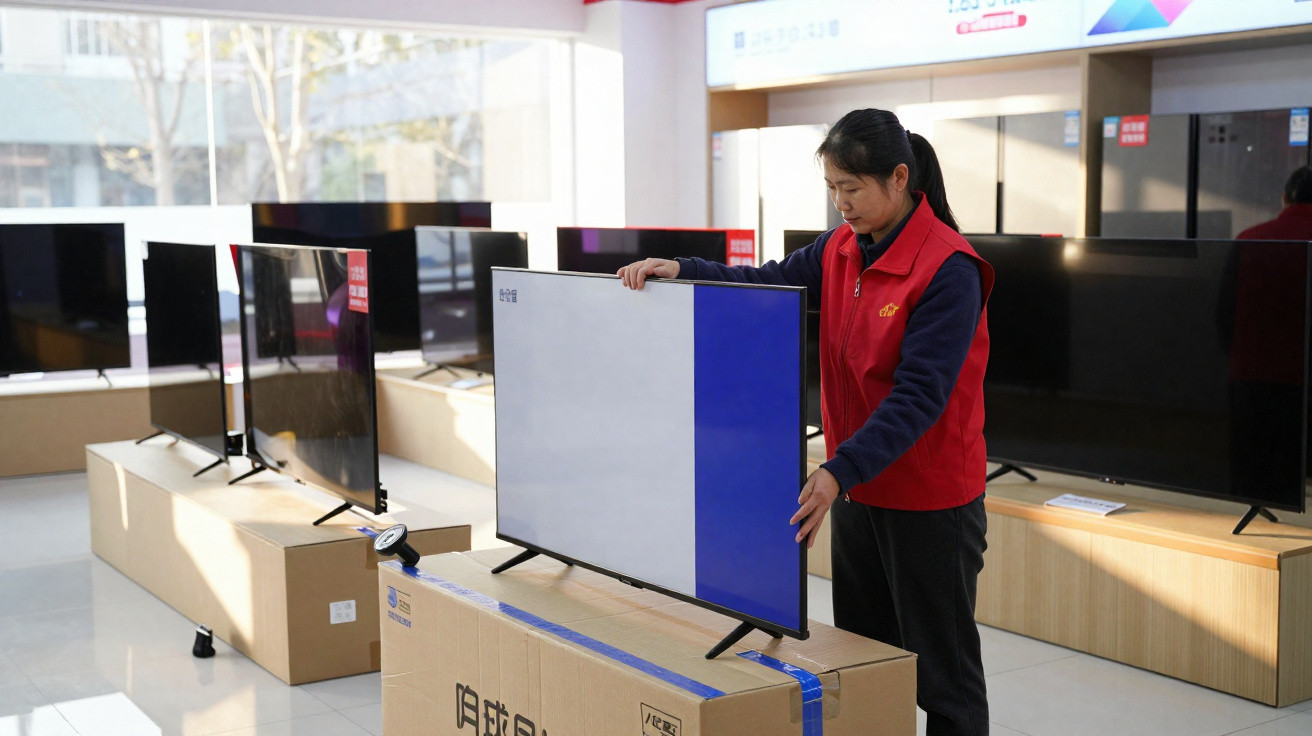 Woman wearing a red vest sets up a flat-screen TV on a box inside an electronics store.