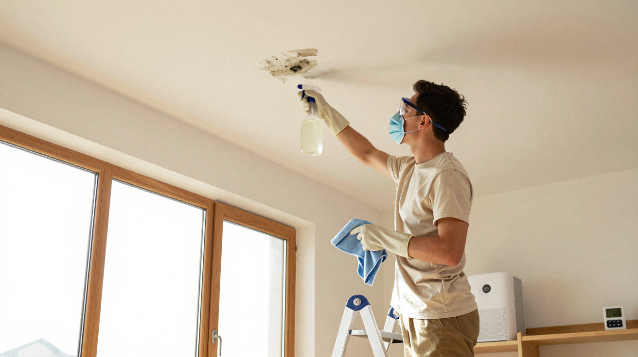 Man wearing mask and gloves cleaning mould stain on ceiling using spray bottle and cloth indoors near window