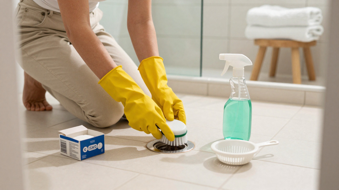 Person wearing yellow gloves scrubbing a shower drain with cleaning brush and supplies nearby.