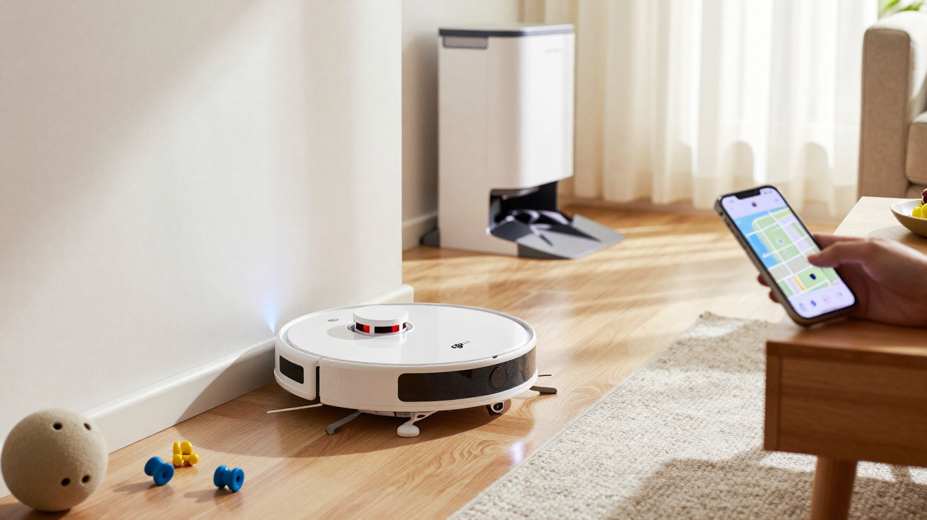 White robot vacuum cleaner operating on wooden floor near dog toys, with smartphone controlling it and base station in backgr