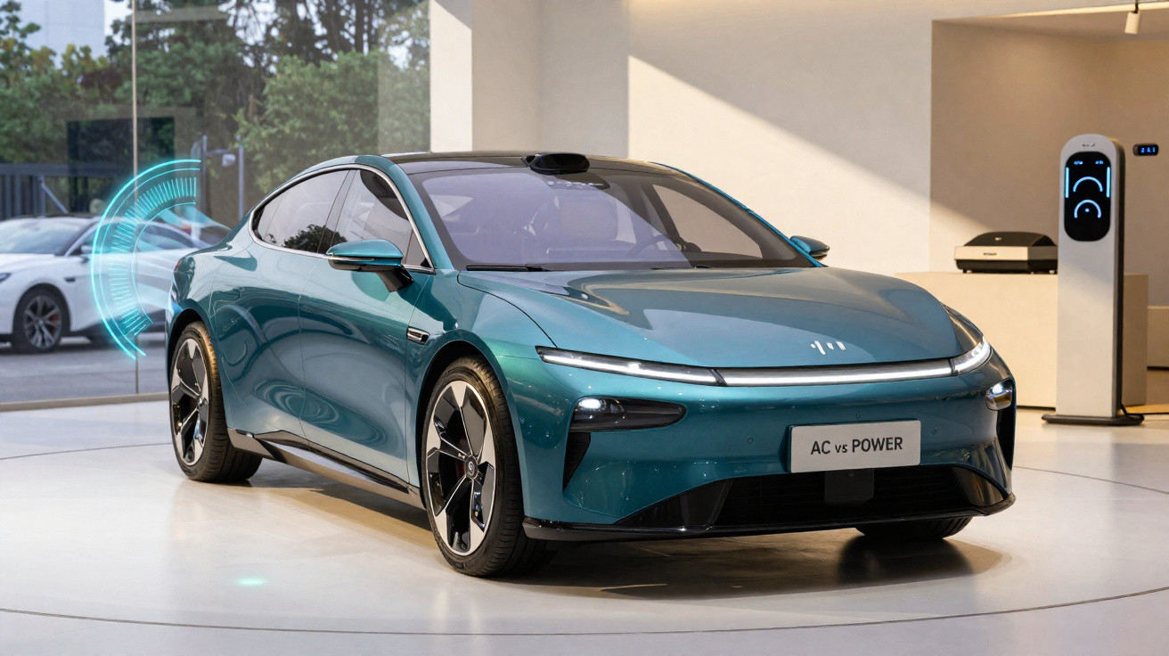 Sleek green electric car on display indoors next to a charging station with digital interface.