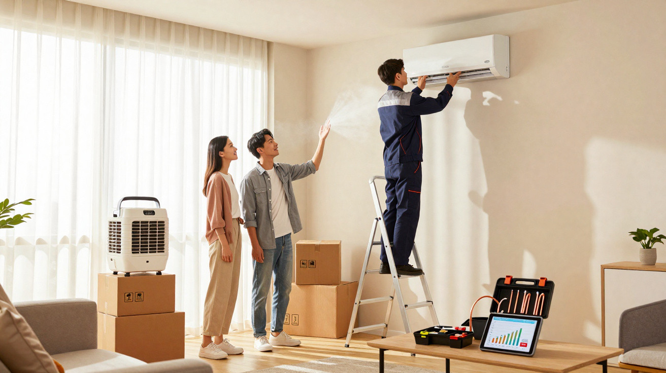 Technician installing air conditioner for a couple in their living room with moving boxes and tools nearby.