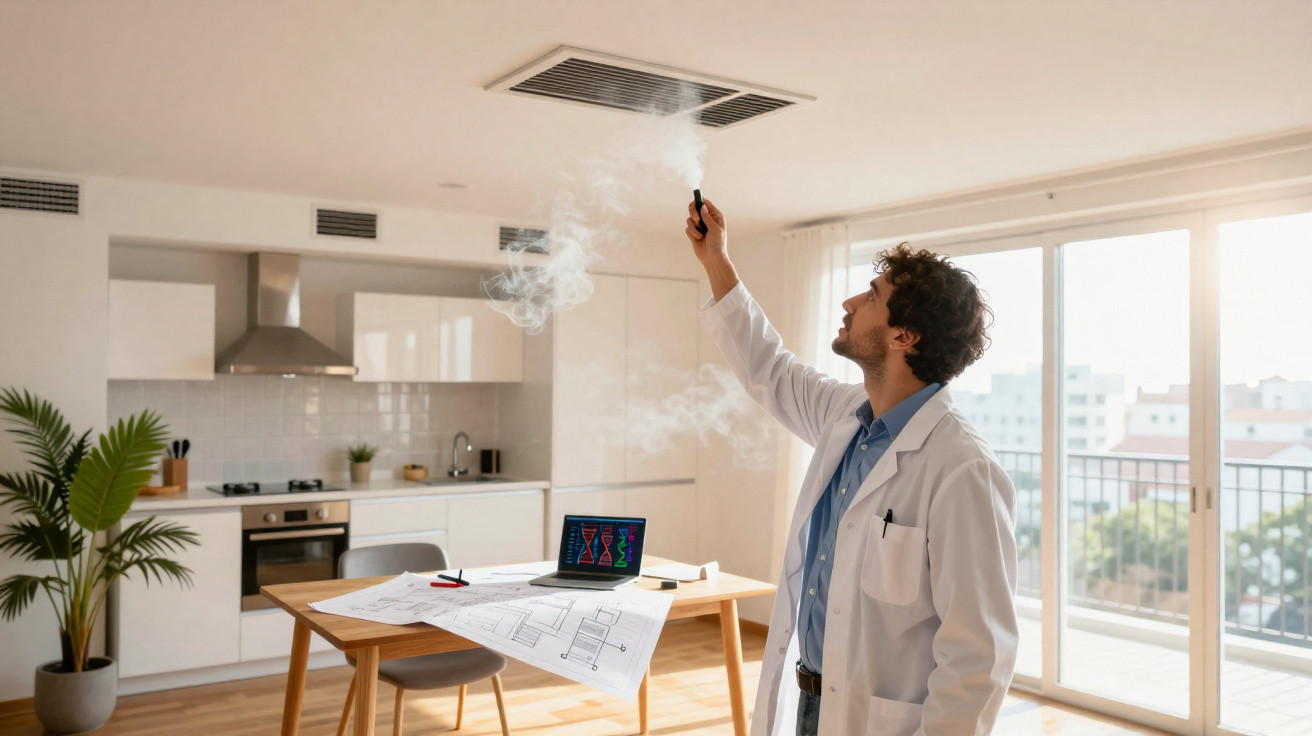 Scientist in a lab coat using a device emitting smoke in a modern kitchen with blueprints and a laptop.