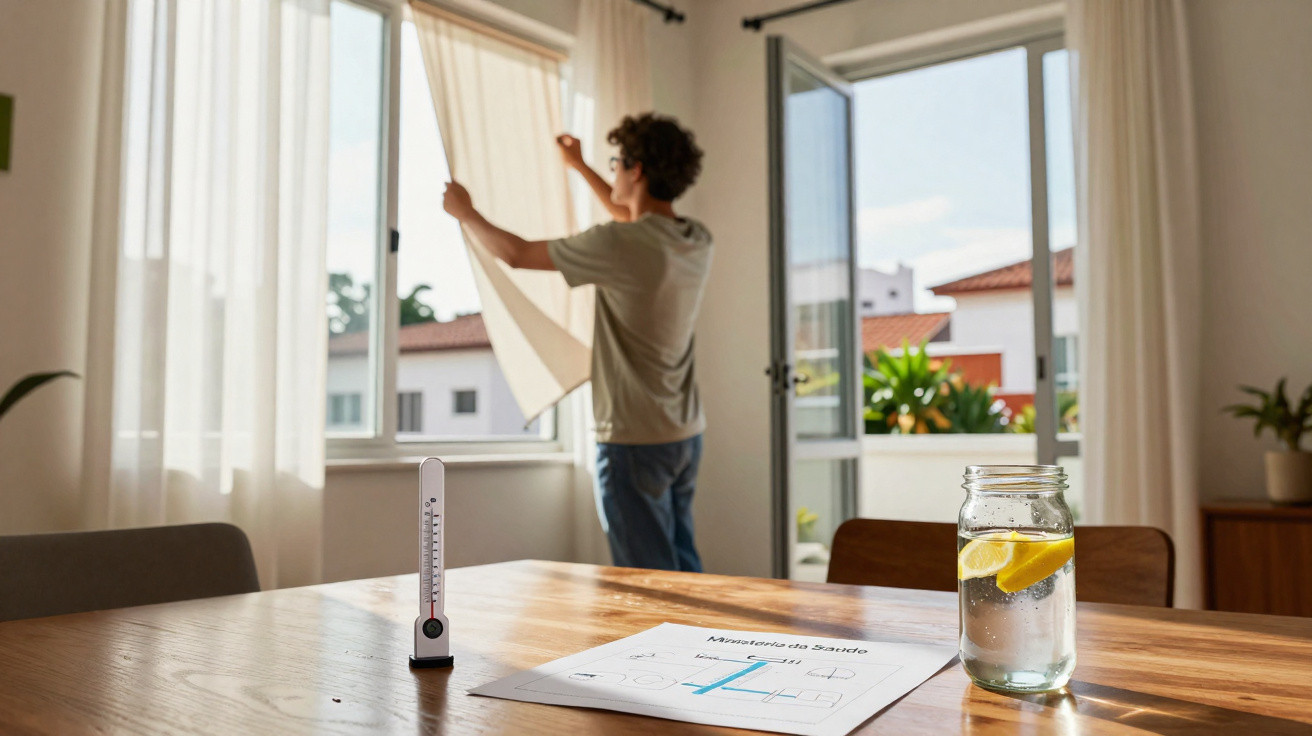 Person opening curtains in bright room with thermometer, health chart, and lemon water on wooden table