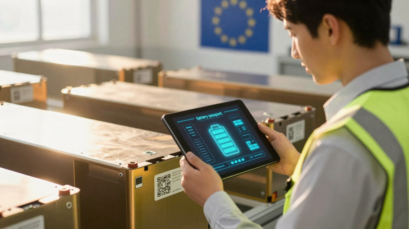 Person in high-visibility vest checking battery status on a tablet in a warehouse with battery packs.
