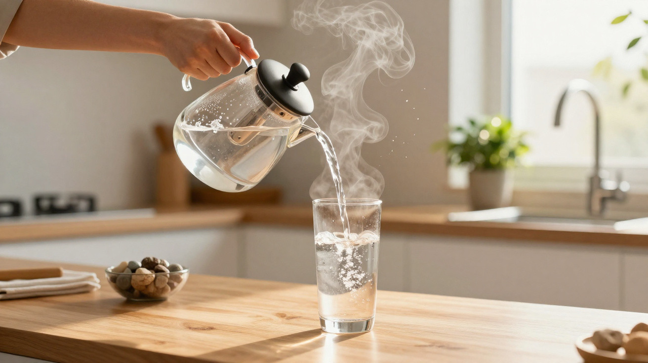 A hand pours steaming hot water from a glass kettle into a clear glass on a wooden kitchen countertop.