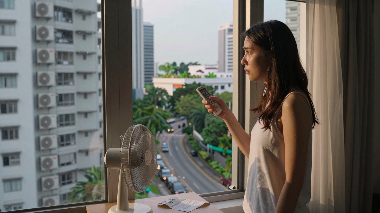 Woman holding remote by a window fan, looking out at city buildings and a busy road outside in daylight.