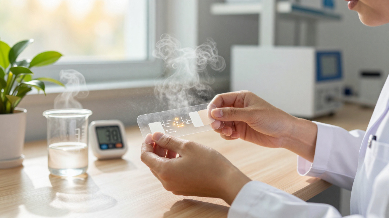 Scientist holding a steaming glass slide in a bright laboratory with a beaker and digital timer on the desk.
