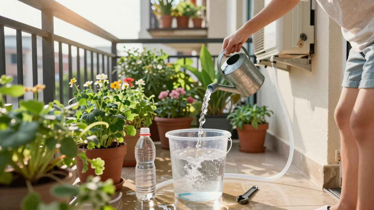 Person watering plants on a balcony with a metal watering can, plastic bucket, and various potted flowers.