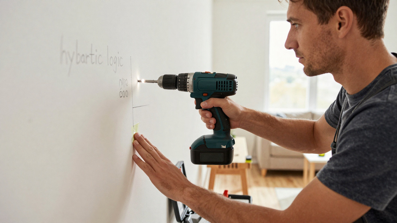 Man using a cordless drill to fix something on a white wall in a bright living room.