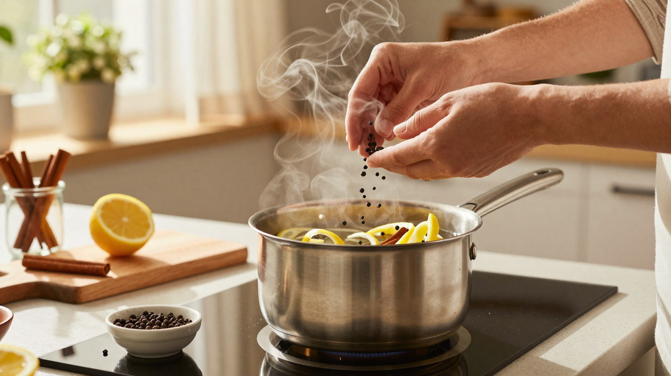 Hands sprinkling black pepper into a steaming pot with lemon and cinnamon on a kitchen stove.